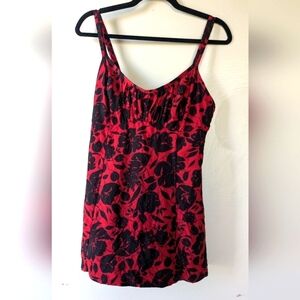 JANTZEN Swim Dress, Red & Black Floral One-Piece, Empire Waist, Size L